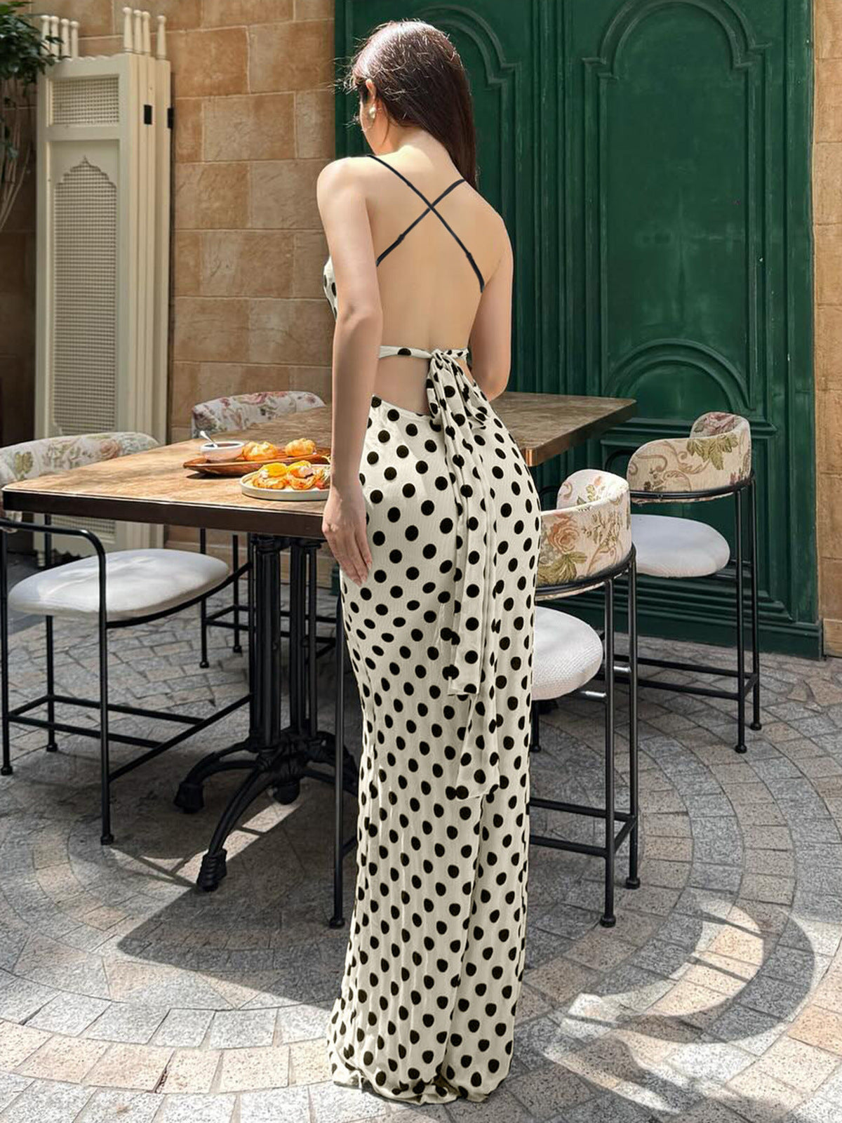 Women's Sexy Polka Dot Print Spaghetti Strap Backless Dress
