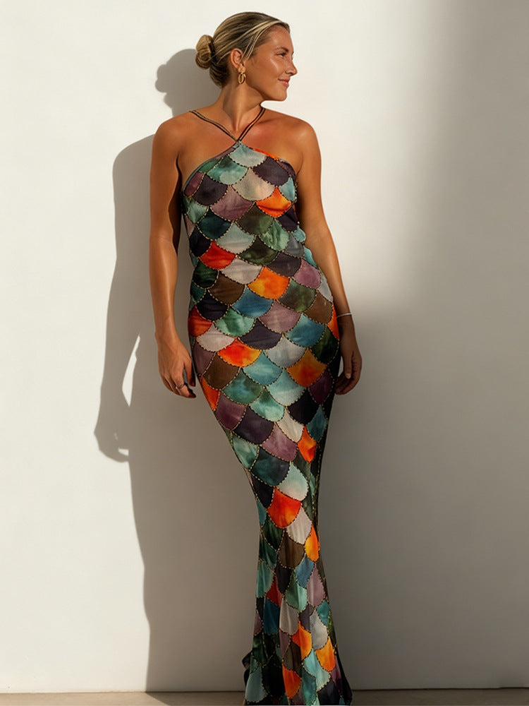 Women's Sexy Summer Neck Scale Print Backless Bodycon Maxi Dress