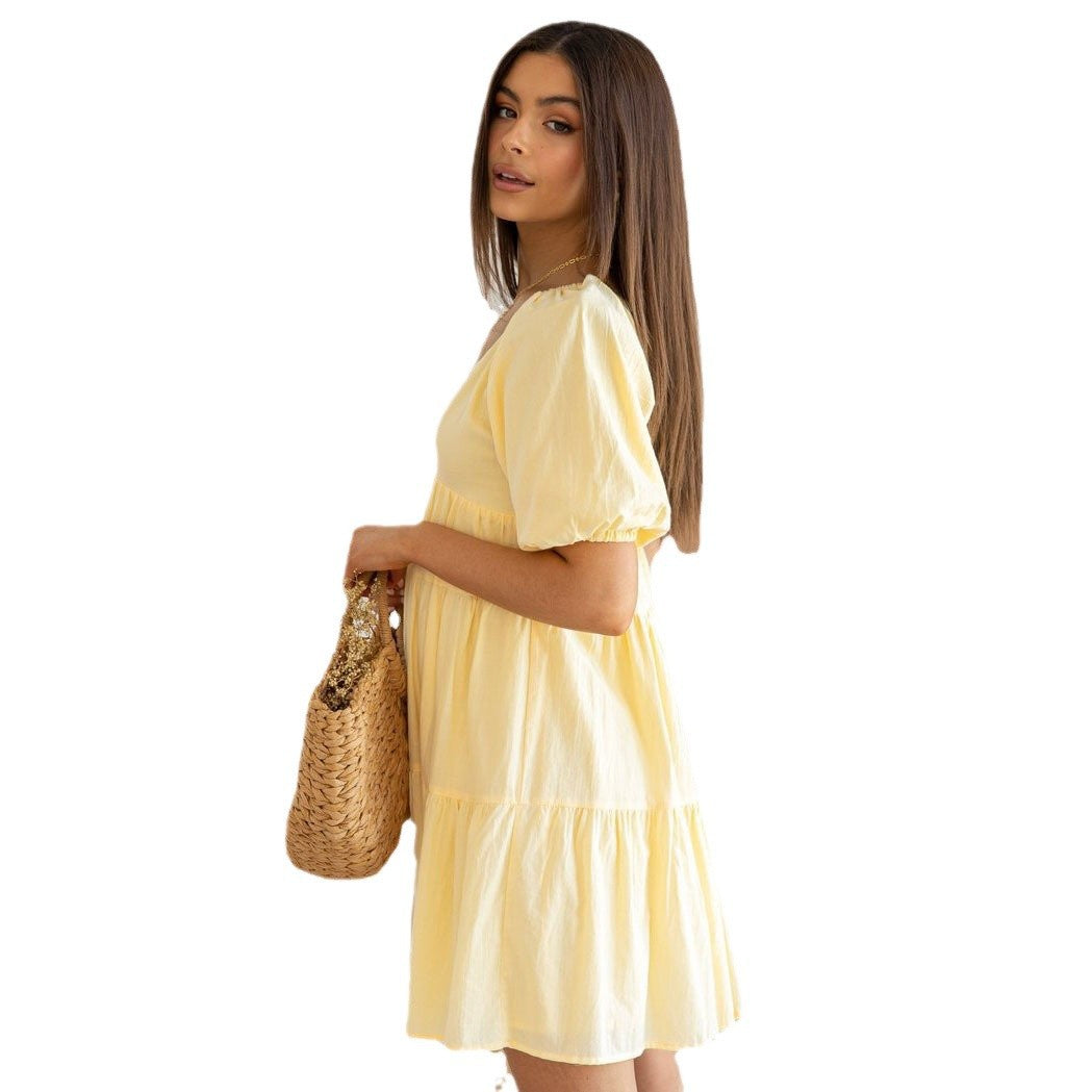 Women's Casual Solid Color V-Neck Loose Waist Puff Sleeve Dress