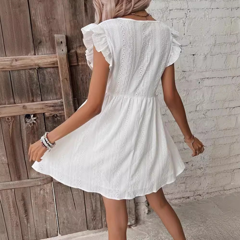 Women's Bohemian Casual White V-Neck Cotton Ruffled A-Line Dress