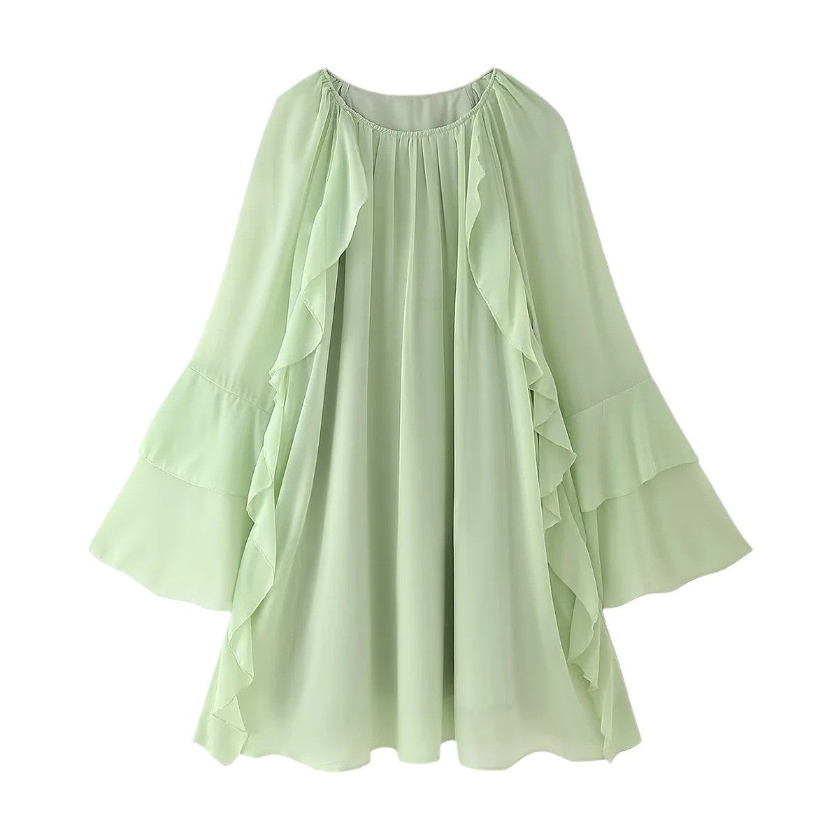 Women's Summer Beach Vacation Solid Color Long Sleeve Ruffled Mini Dress