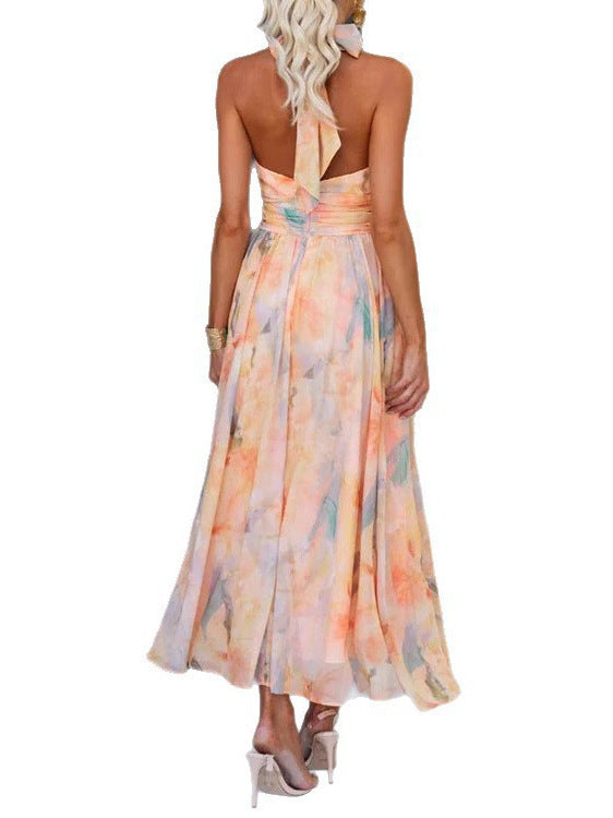 Women's Elegant Summer Multicolor Flower Printed Halter-Neck Backless Dress