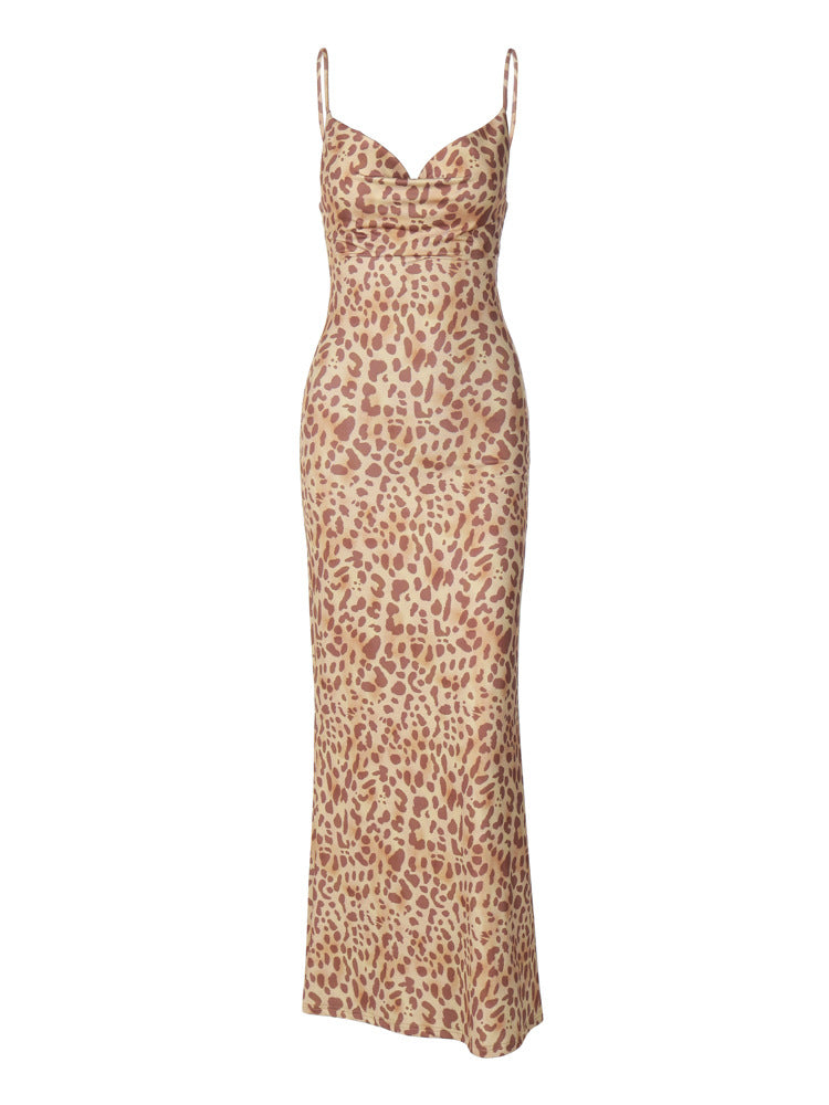 Women's Sexy Leopard V-Neck Spaghetti Strap Backless Long Dress
