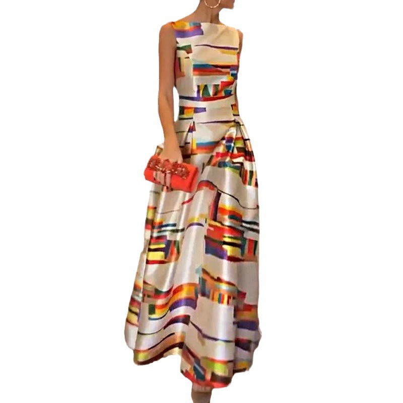 Autumn Casual Graphic Printing Defined Waist Slim Sleeveless Elegant Maxi Dress