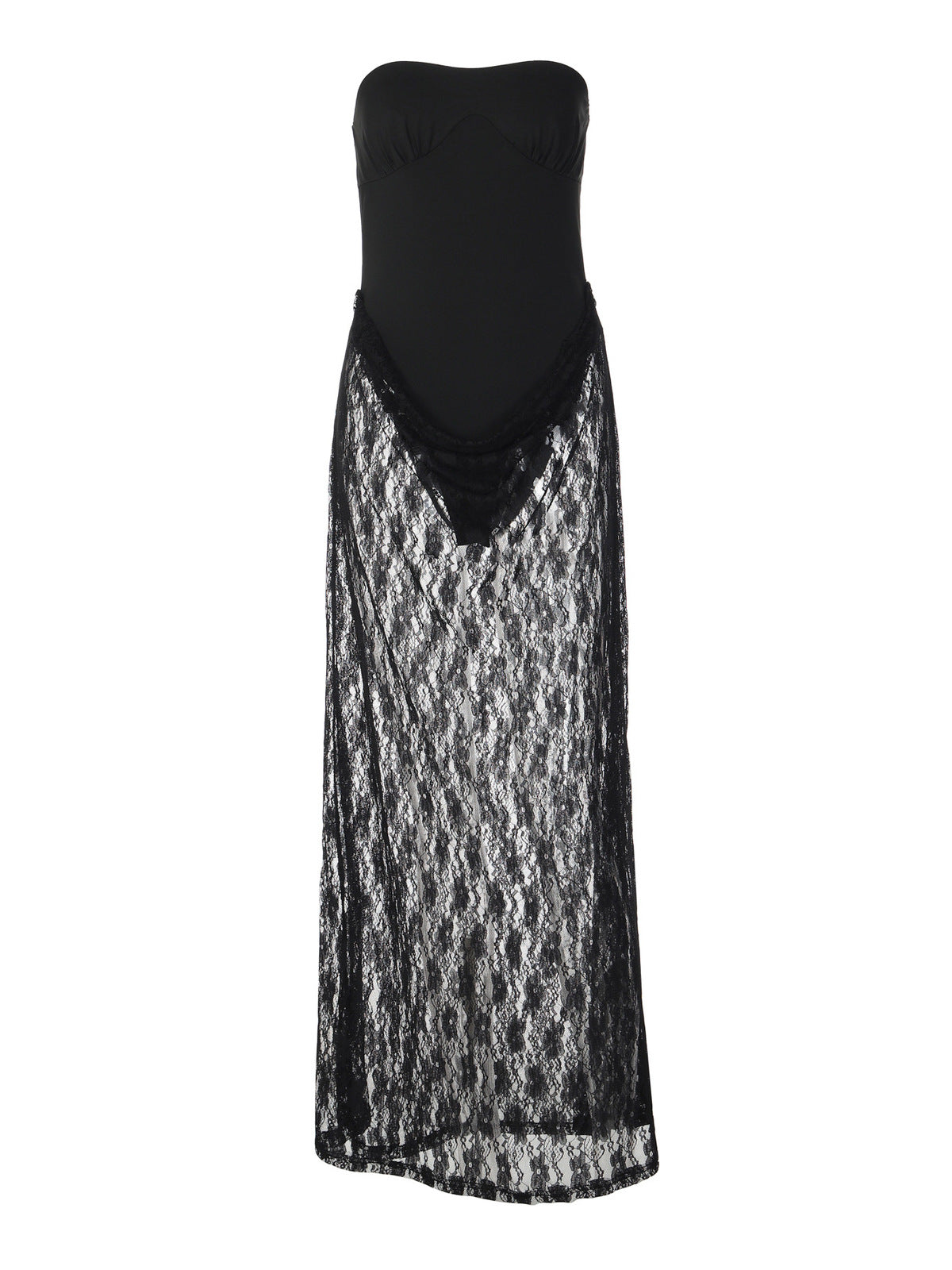 Women's Sexy Lace Tube Top Mesh See-Through Maxi Dress