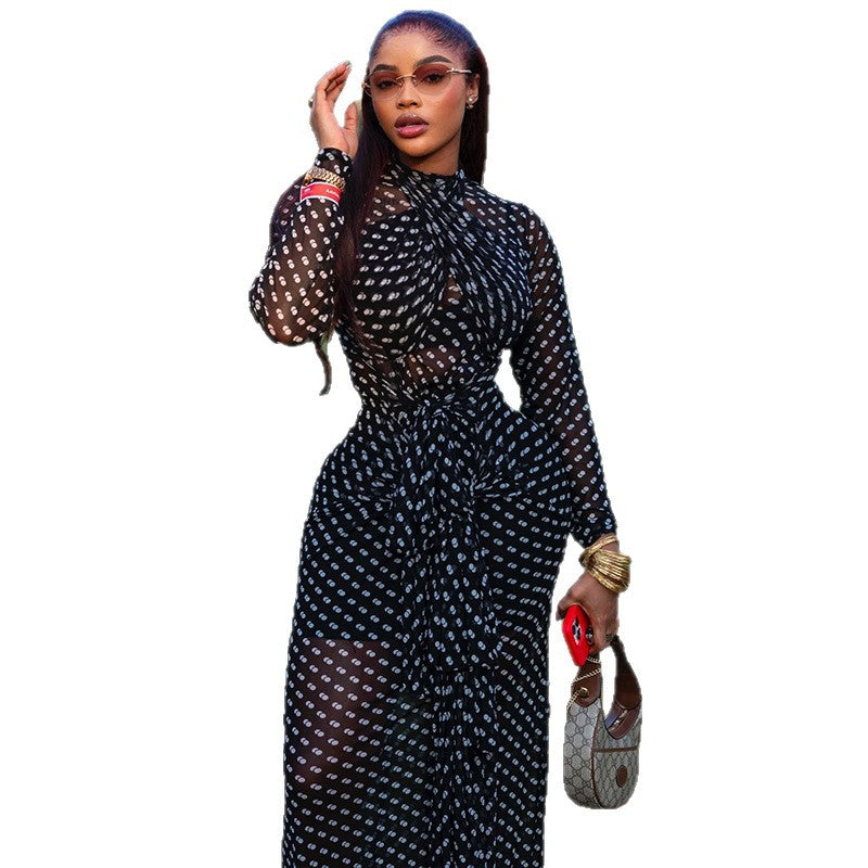 Women's Polka Dot High Neck Long Sleeve Maxi Dress