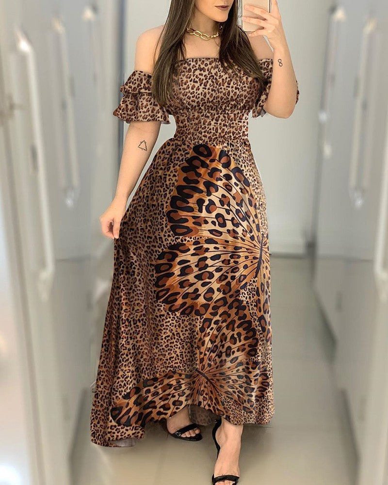 Leopard Butterfly Print Off-Shoulder Maxi Dress