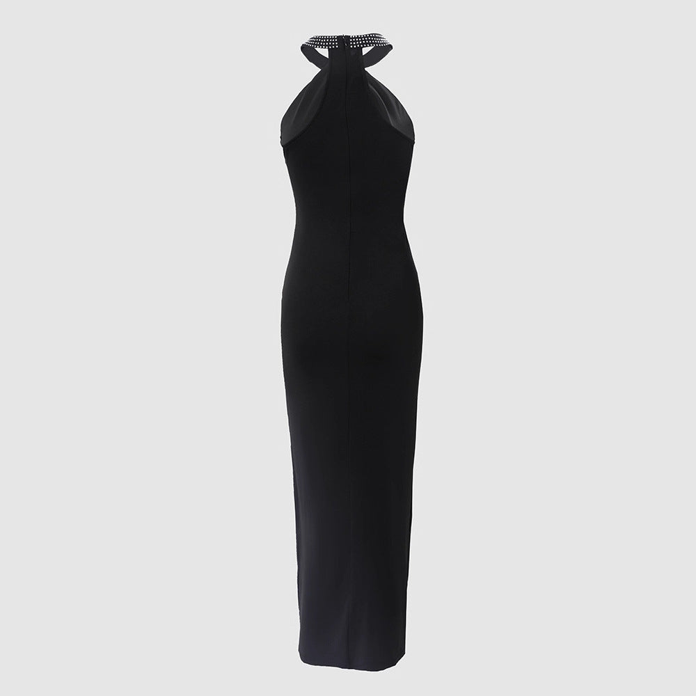 Women's Sexy Solid Color Halter-Neck Sleeveless Split Maxi Dress