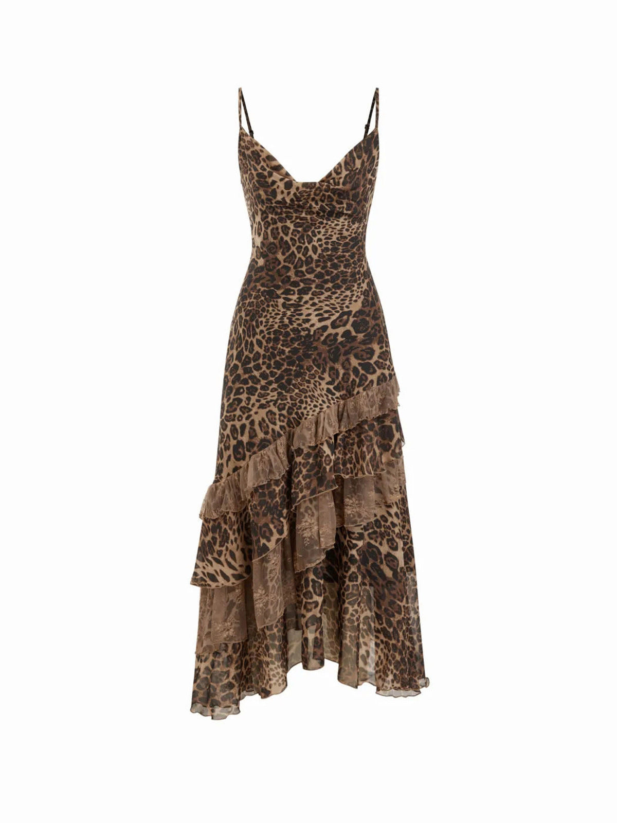 Women's Summer Leopard Mesh Perspective Ruffled Spaghetti Strap Backless Dress