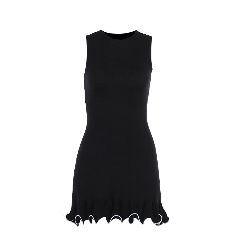 Women's Elegant Contrast Color Wave Edge Round Neck Sleeveless Dress