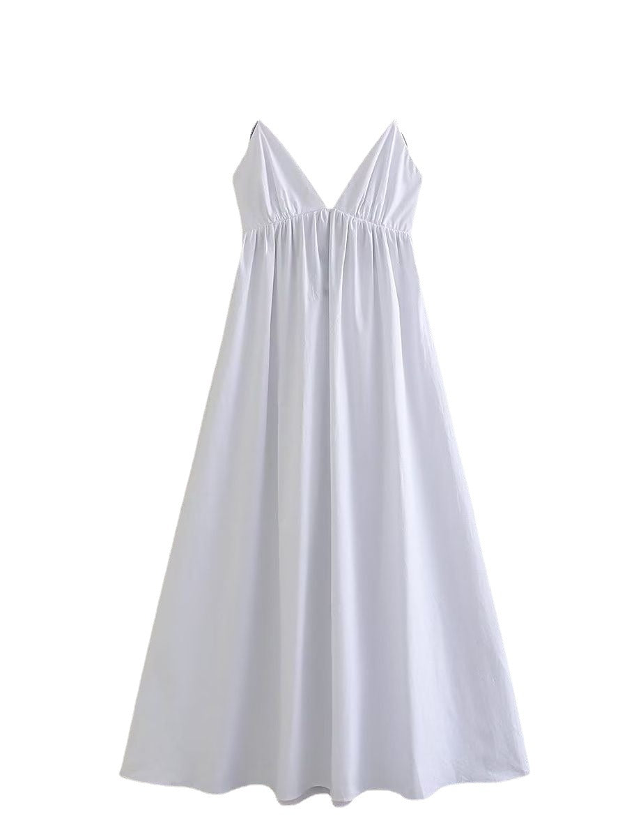 Women's Summer Casual Solid Color V-Neck Strap Backless Midi Dress