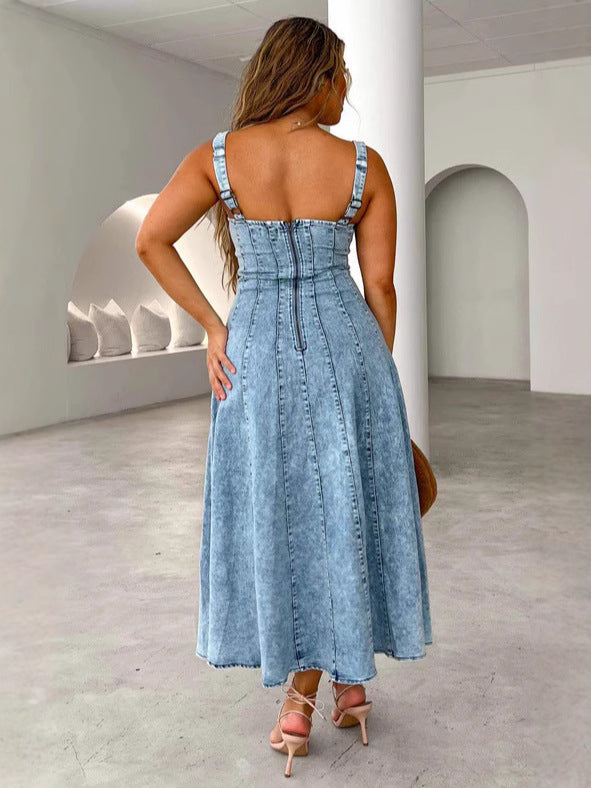 Women's Sexy Square Collar Sleeveless Loose Denim Dress