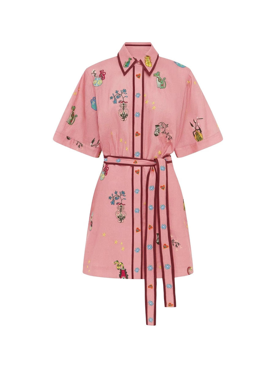 Women's Casual Linen Printed Lace-Up Short Sleeve Dress