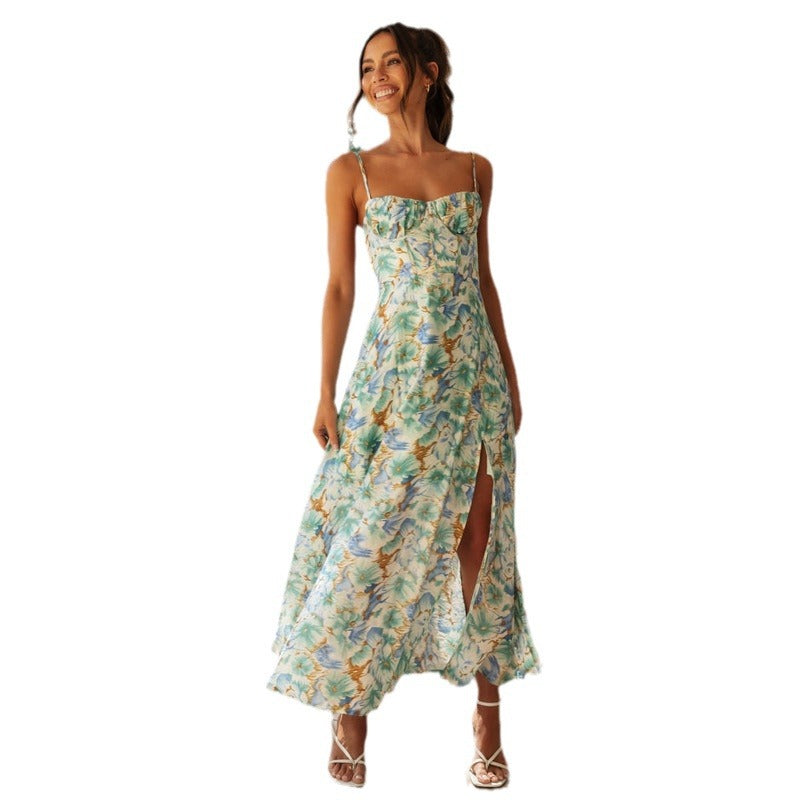 Women's Spaghetti Strap Summer Backless Sexy Vacation Floral Sling Maxi Dress