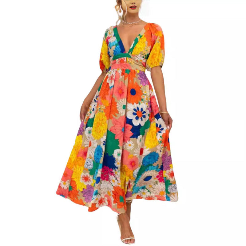 Women's Casual Printed V-Neck Puff Sleeve Vacation Maxi Dress