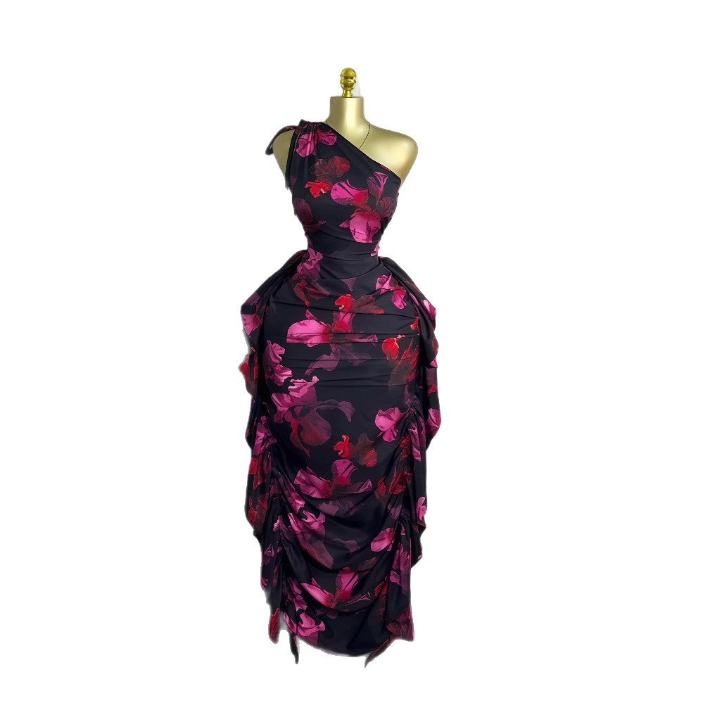 Women's Sexy Floral Printed Sleeveless Slanted Shoulder Lace-Up Ruffled Dress