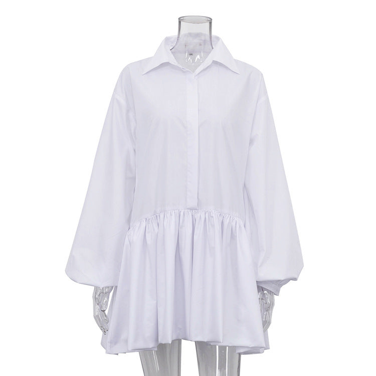 Women's Solid Color Elegant Office Ruffled Lapel Puff Sleeve White Shirt Dress