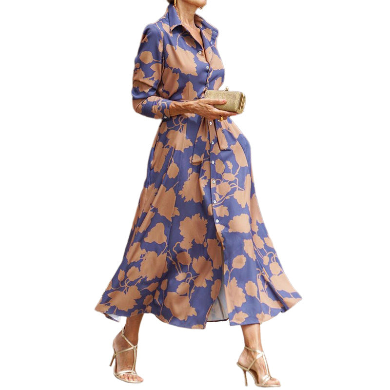 Women's Spring Temperament Printed Long Sleeve Lapel Midi Dress