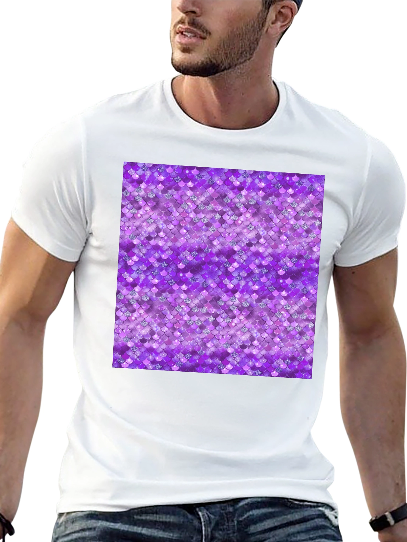 Purple Mermaid Scales Pattern Black T-Shirt