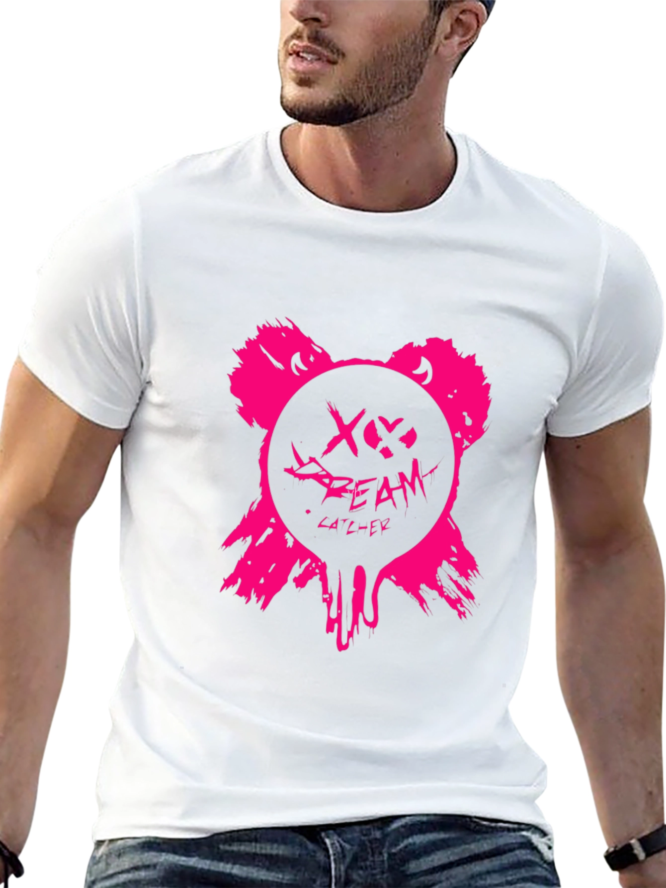 Edgy Pink Bear Graphic Black T-Shirt