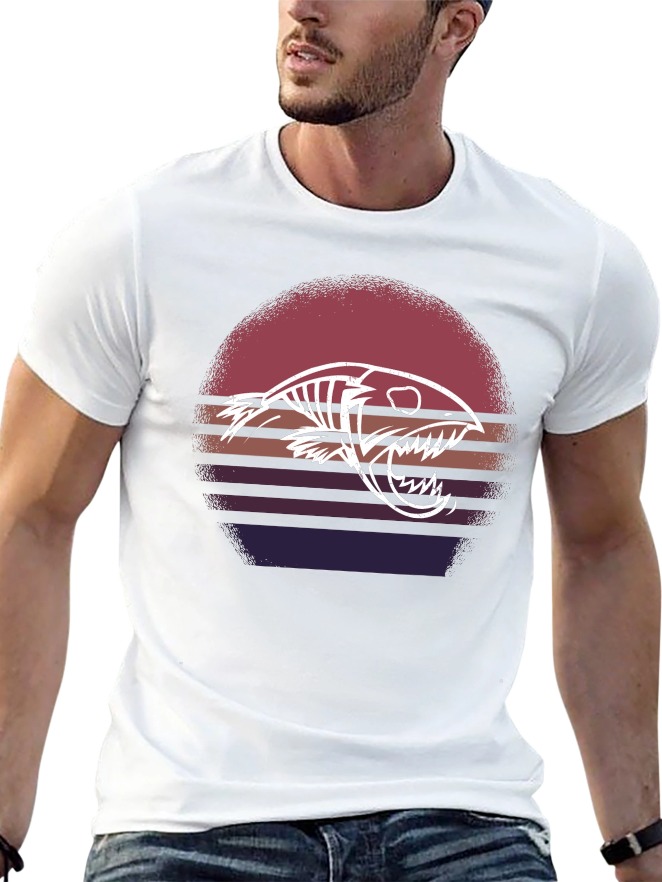 Retro Sunset Fish Skeleton Graphic Tee - Black Cotton