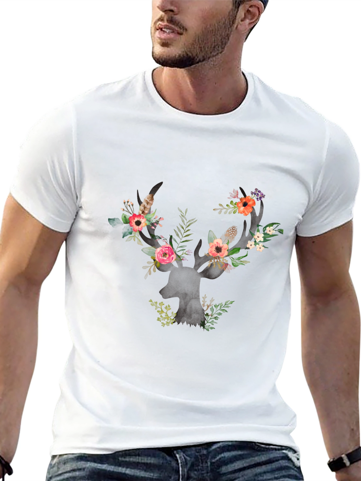 Floral Deer Antler Graphic Black T-Shirt