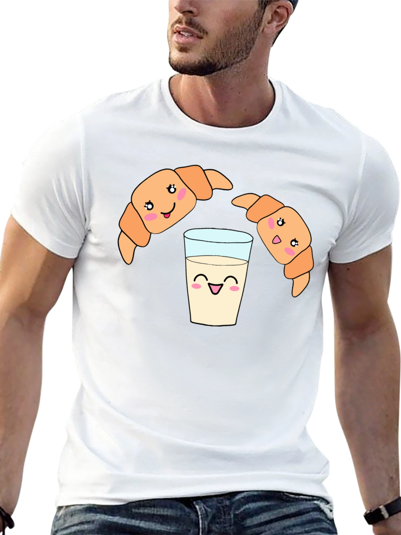 Cute Croissant Milk Cartoon Black Tee