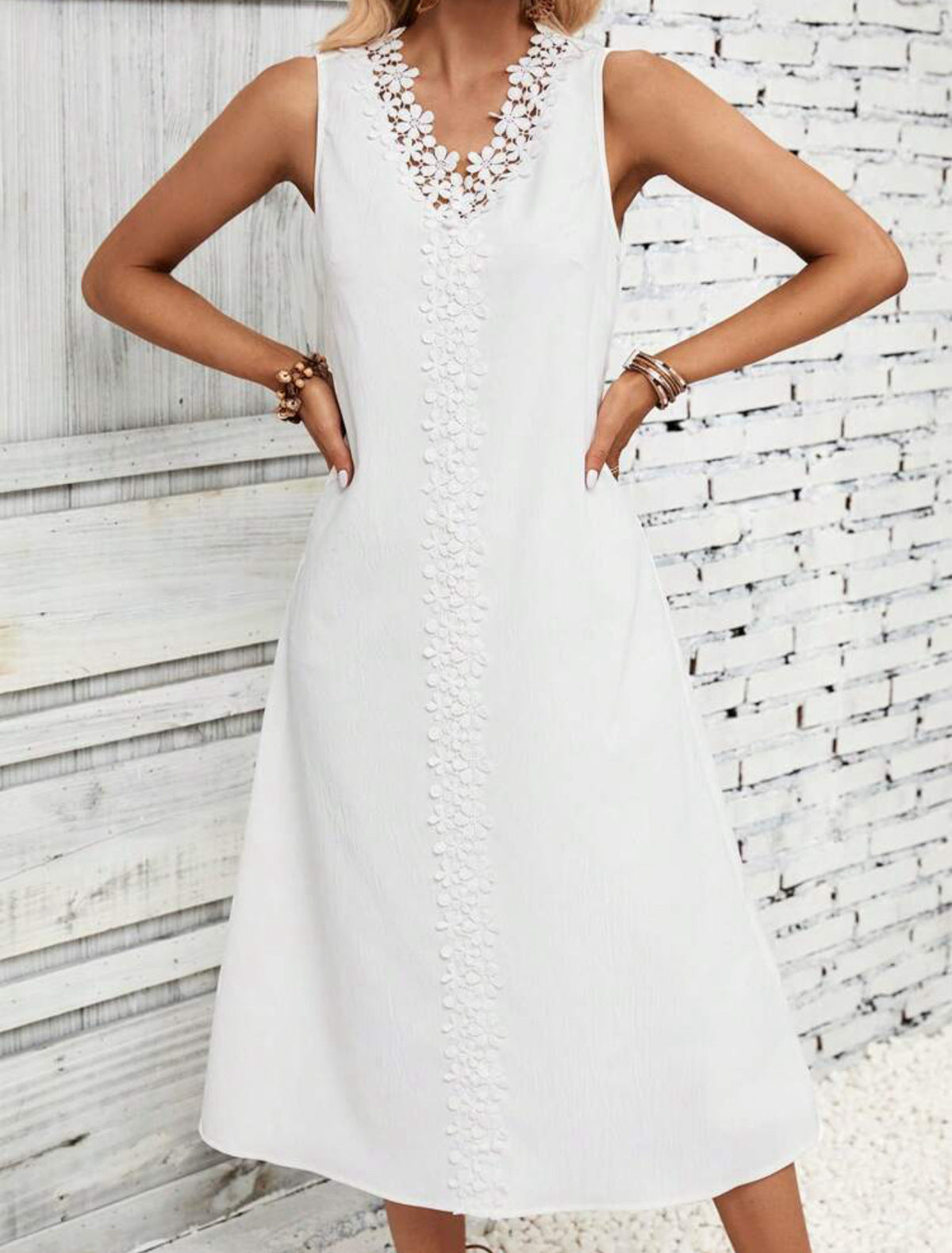 Women's Casual Summer Boho Vacation Solid Color Lace Stitching Sleeveless Dress