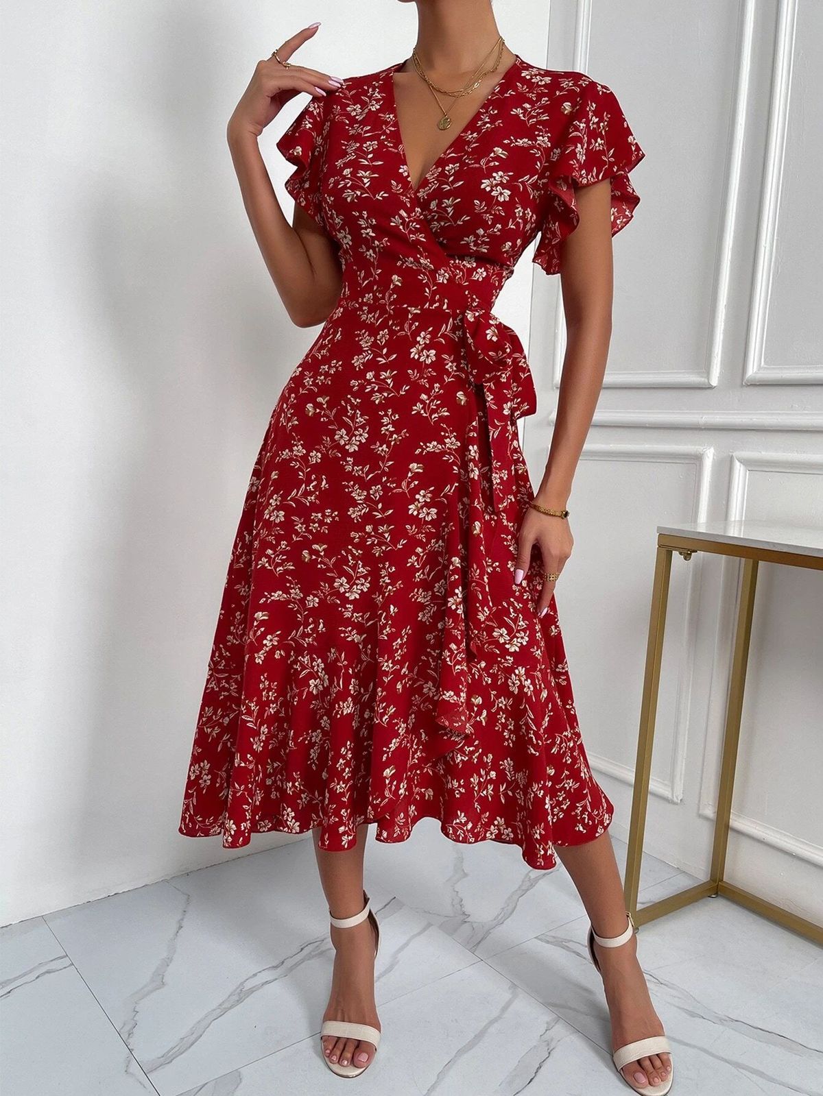 Women's Casual Flower Printed Deep V-Strap Short Sleeve Tight Waist Dress