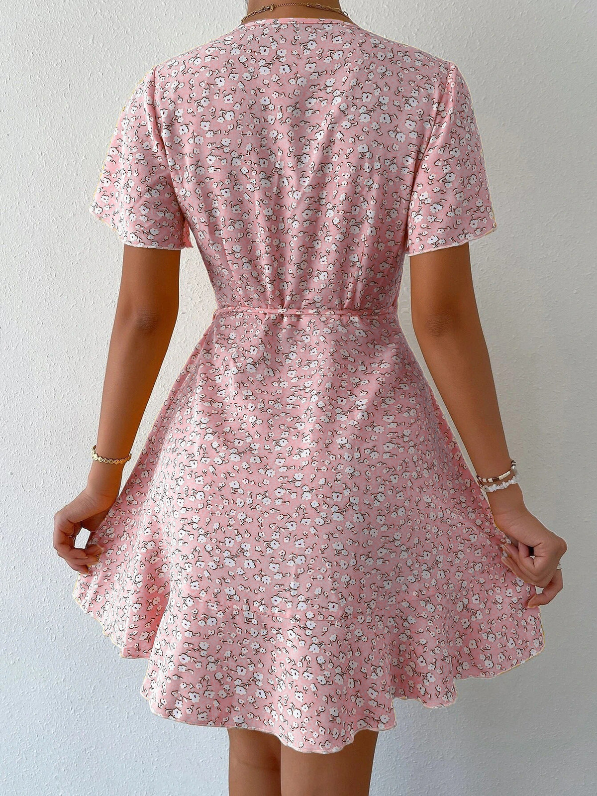 Women's Casual Floral Printed V-Neck Short Sleeve Lace-Up Waist Dress