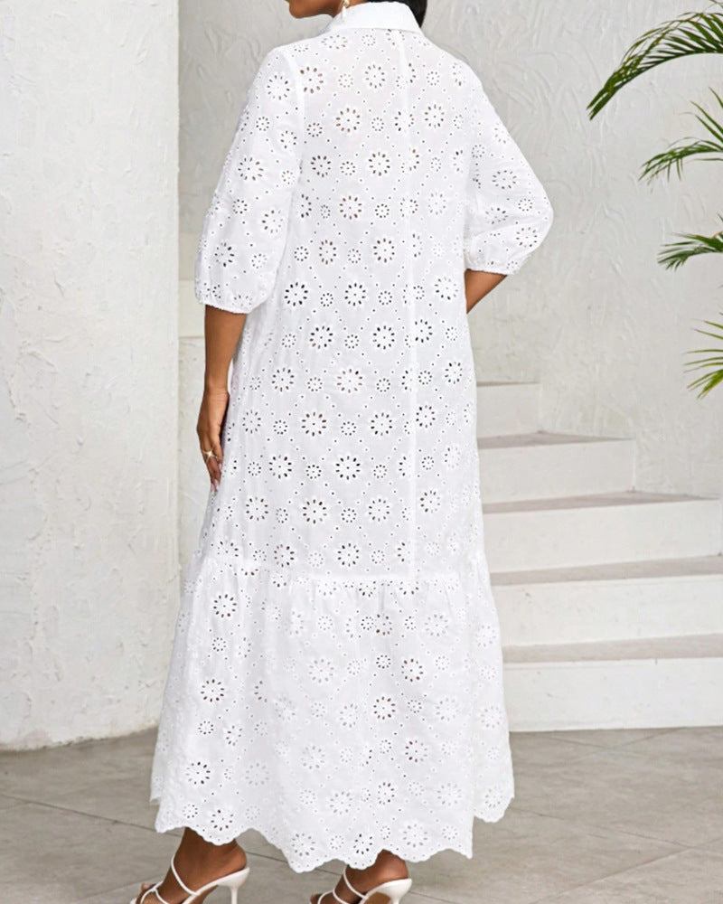 Women's Casual Summer Vacation Solid Color Hollow Out Short Sleeve Loose Dress
