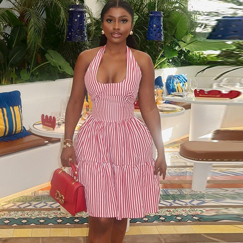 Women's Stripe Print Halter Mini Dress