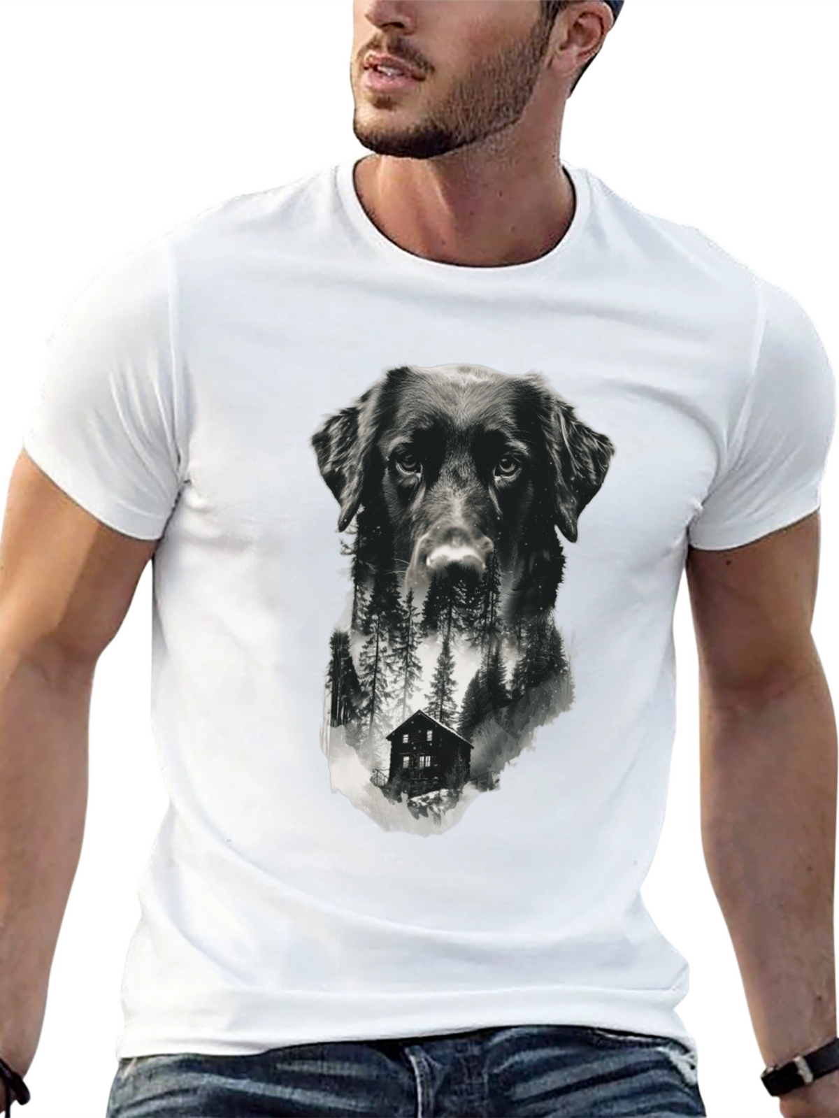 Dog & Cabin Graphic Tee - Nature Lovers Shirt