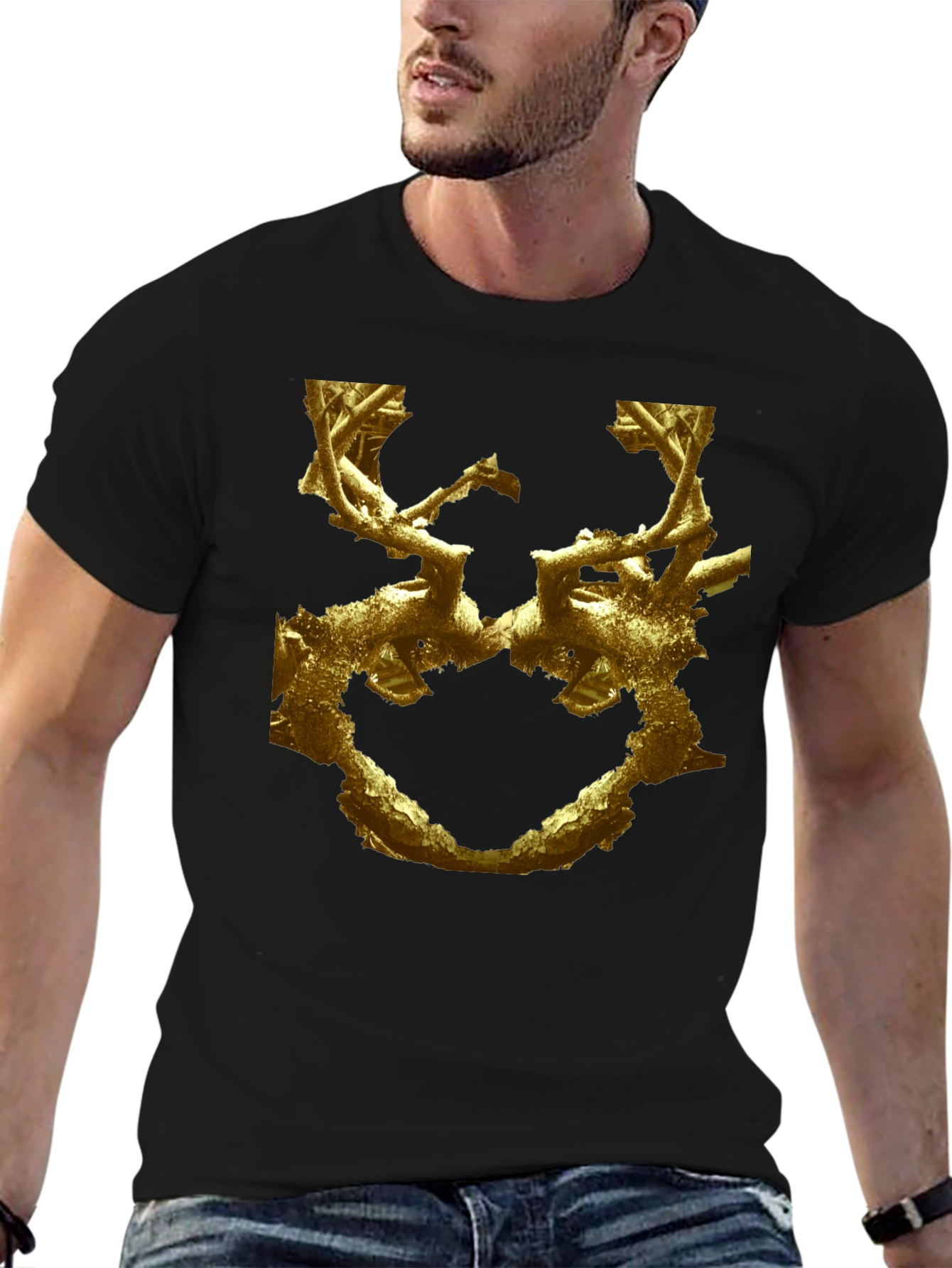 Abstract Gold Branch Design Black T-Shirt