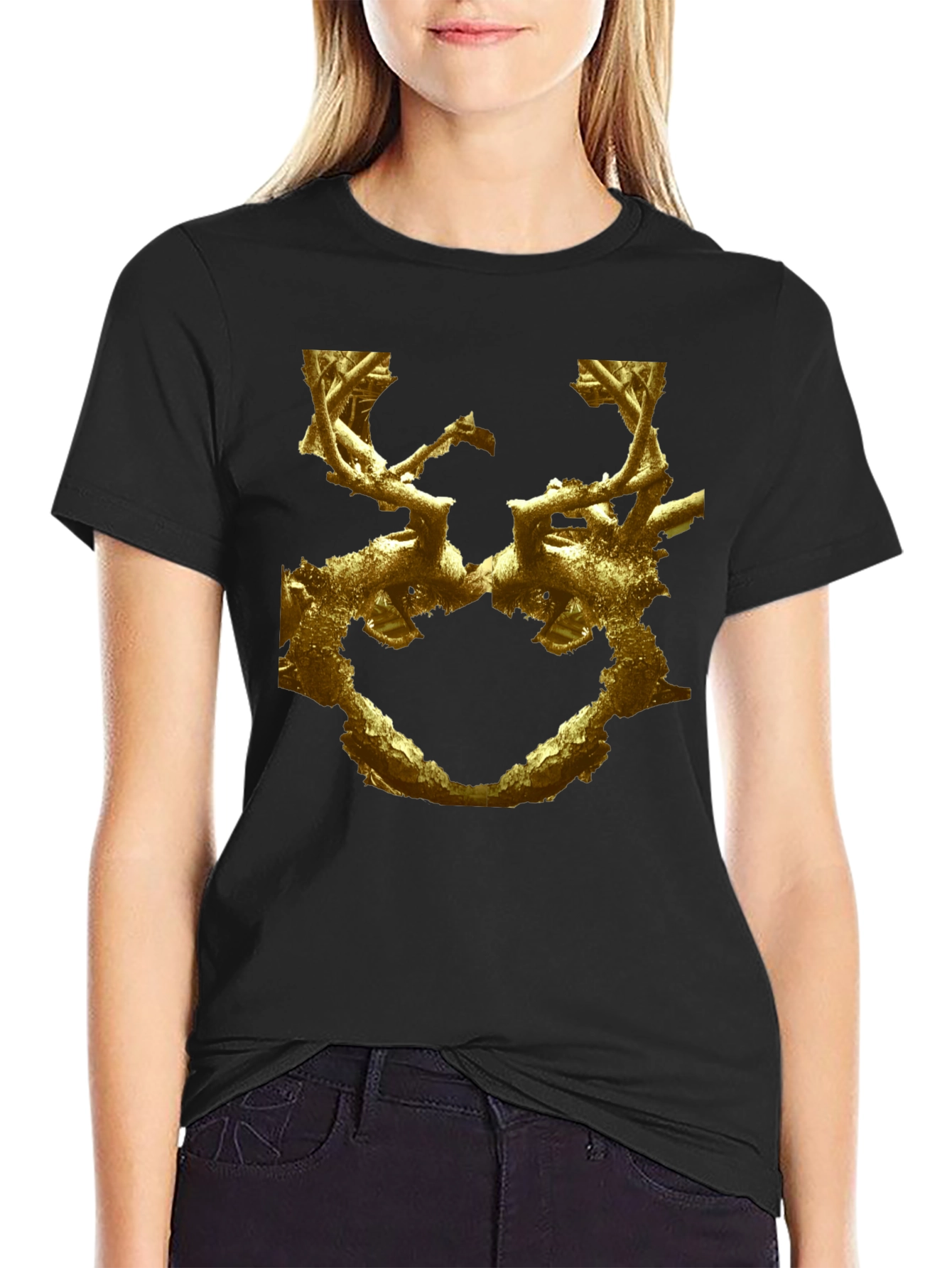 Abstract Gold Branch Design Black T-Shirt