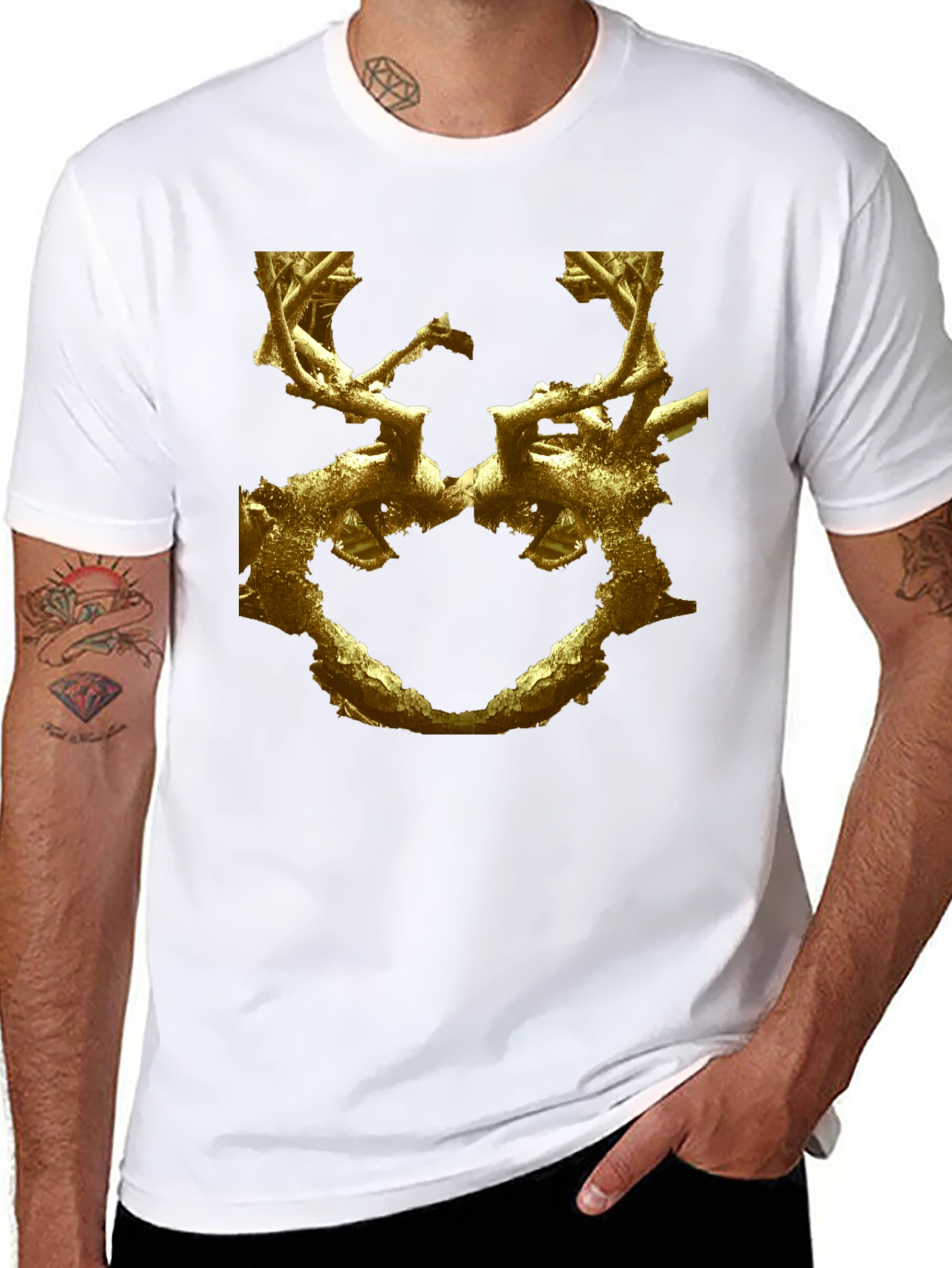 Abstract Gold Branch Design Black T-Shirt