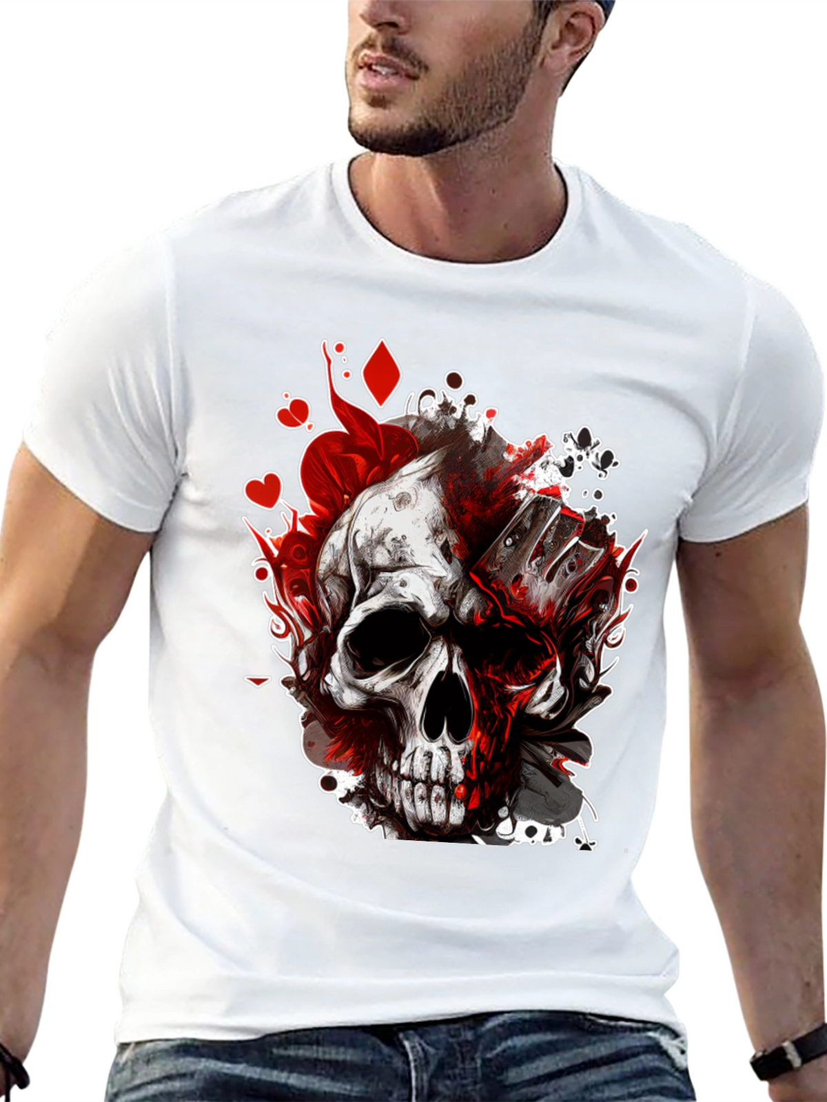 Skull & Cards Graphic Tee - Gothic Poker Style