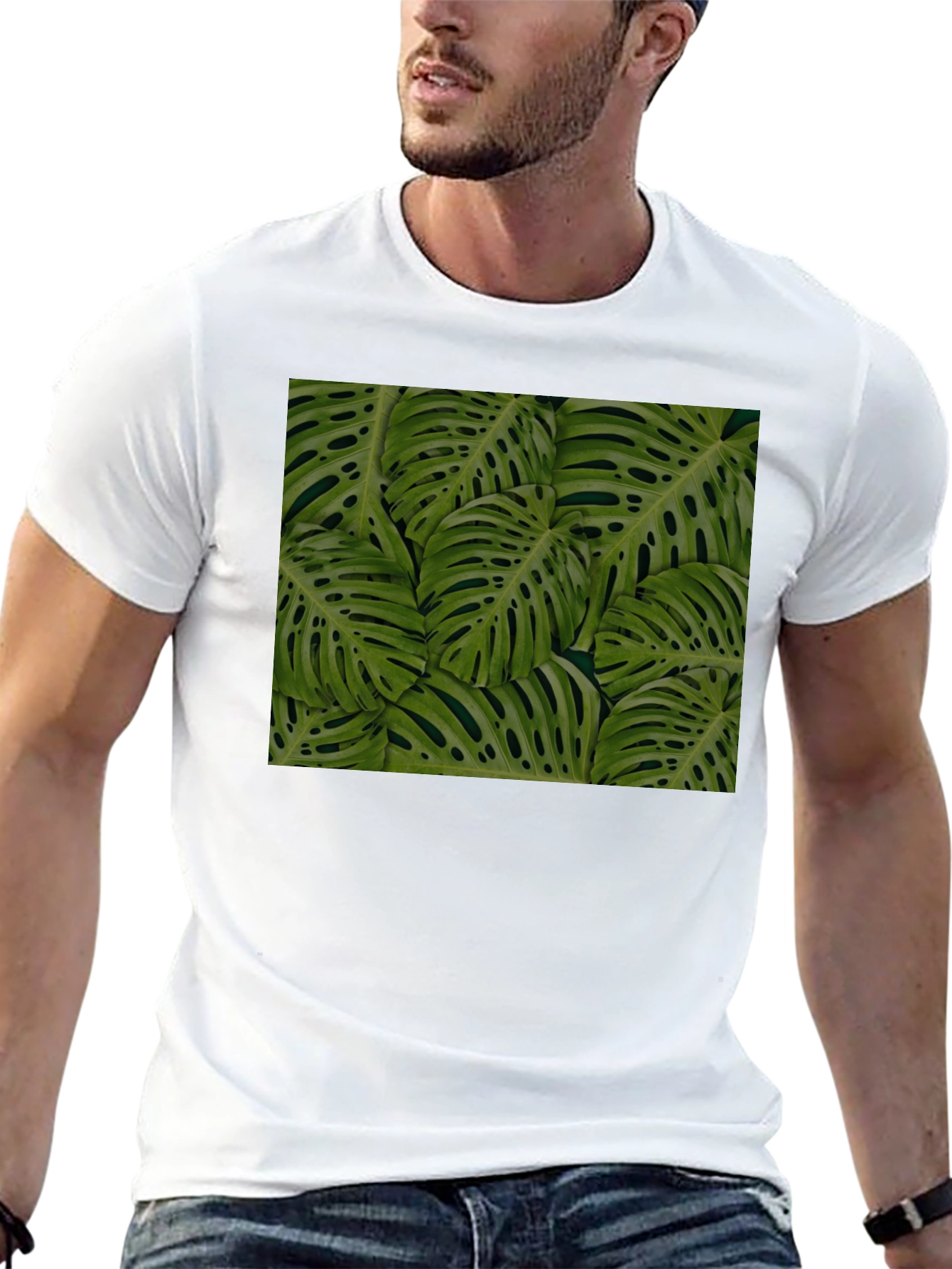 Tropical Monstera Leaf Print Black T-Shirt