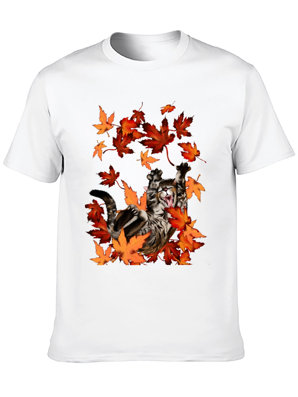 Cat in Autumn Leaves Black Graphic T-Shirt