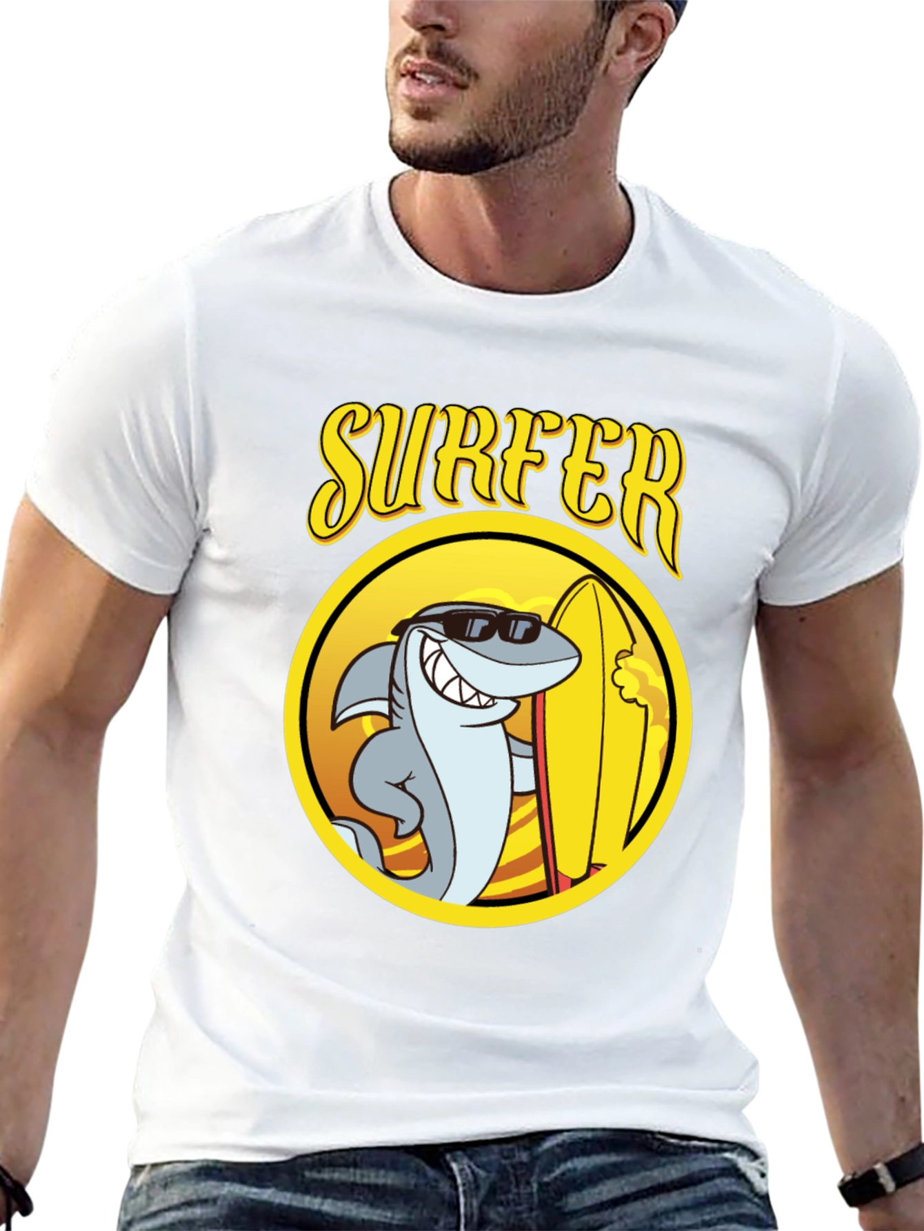Cool Shark Surfer Graphic Tee - Black Cotton T-Shirt