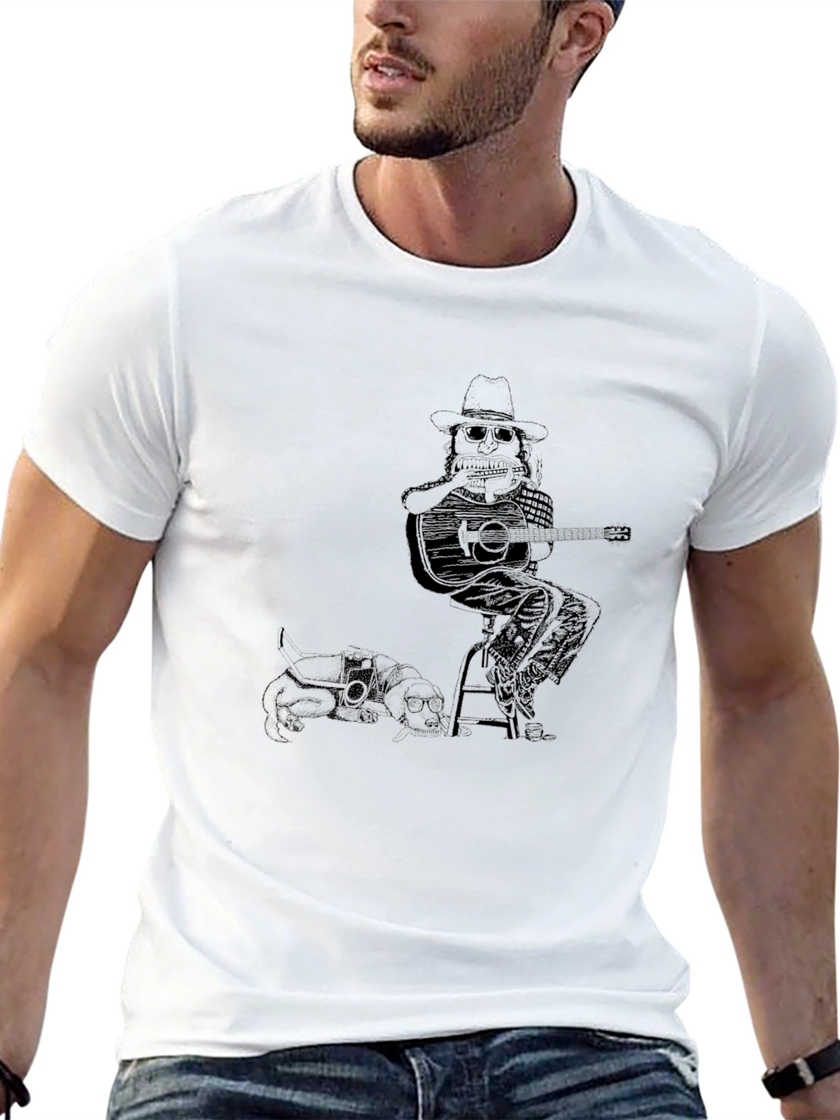 Musician & Dog Graphic T-Shirt - Unisex Black Tee
