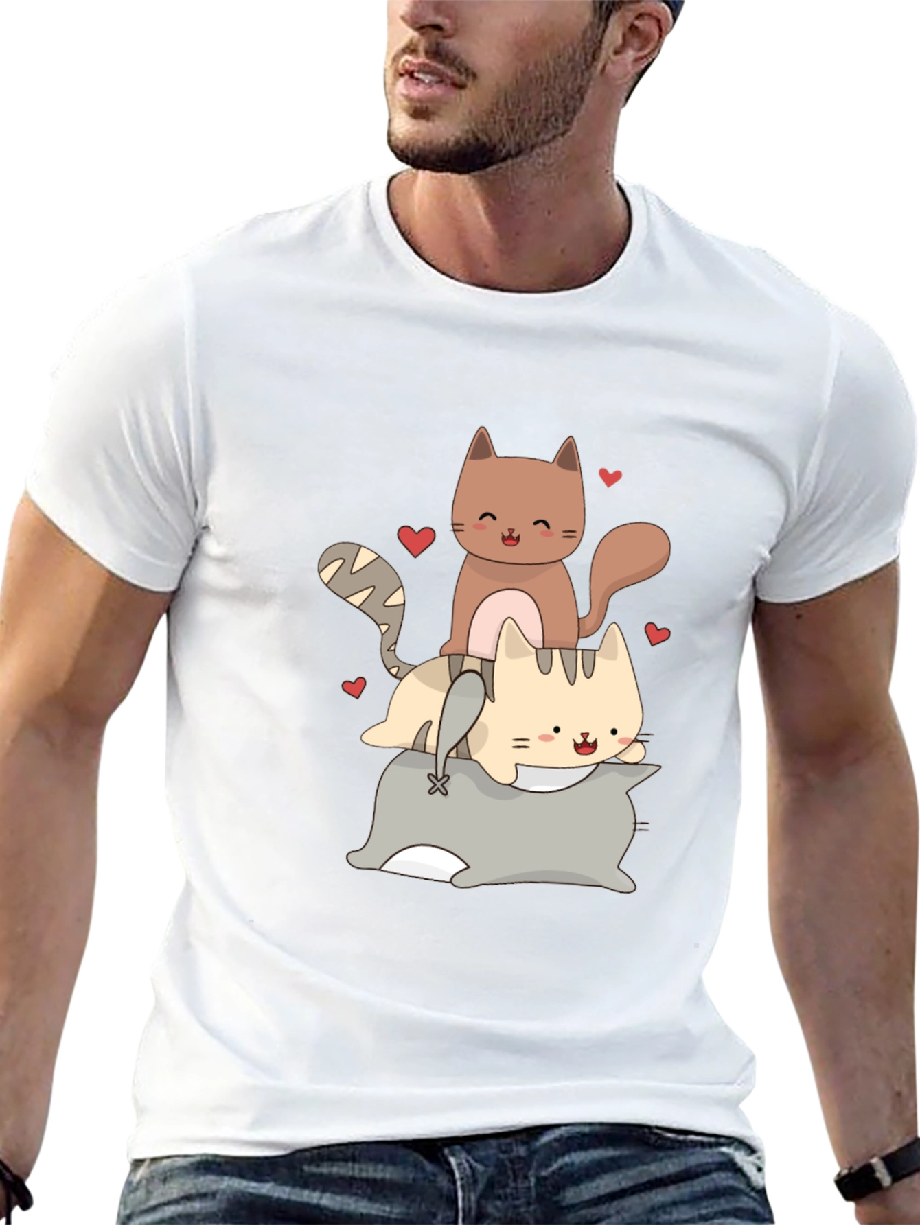 Cute Cats Stacked on Pillow Graphic Tee