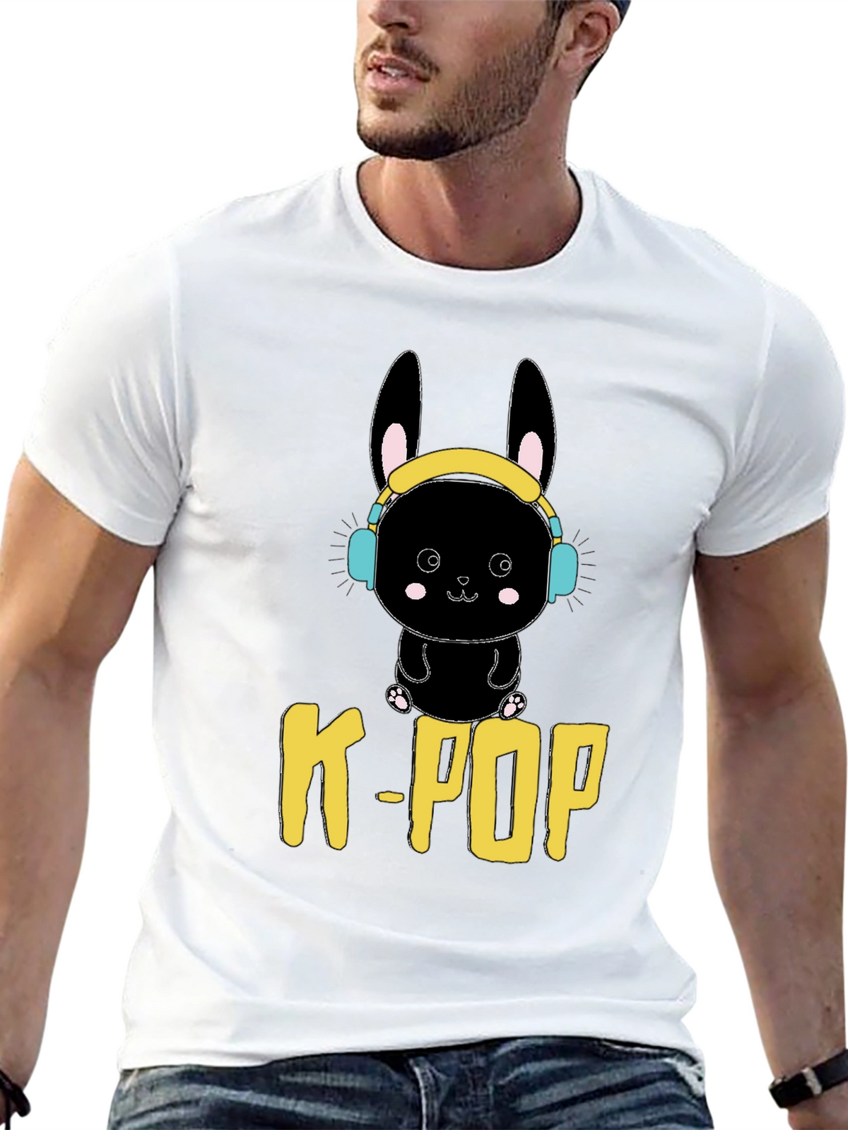 K-Pop Bunny Graphic Tee - Black