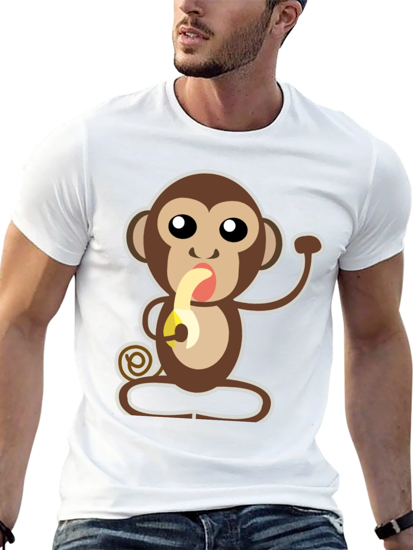 Cartoon Monkey Eating Banana Graphic T-Shirt