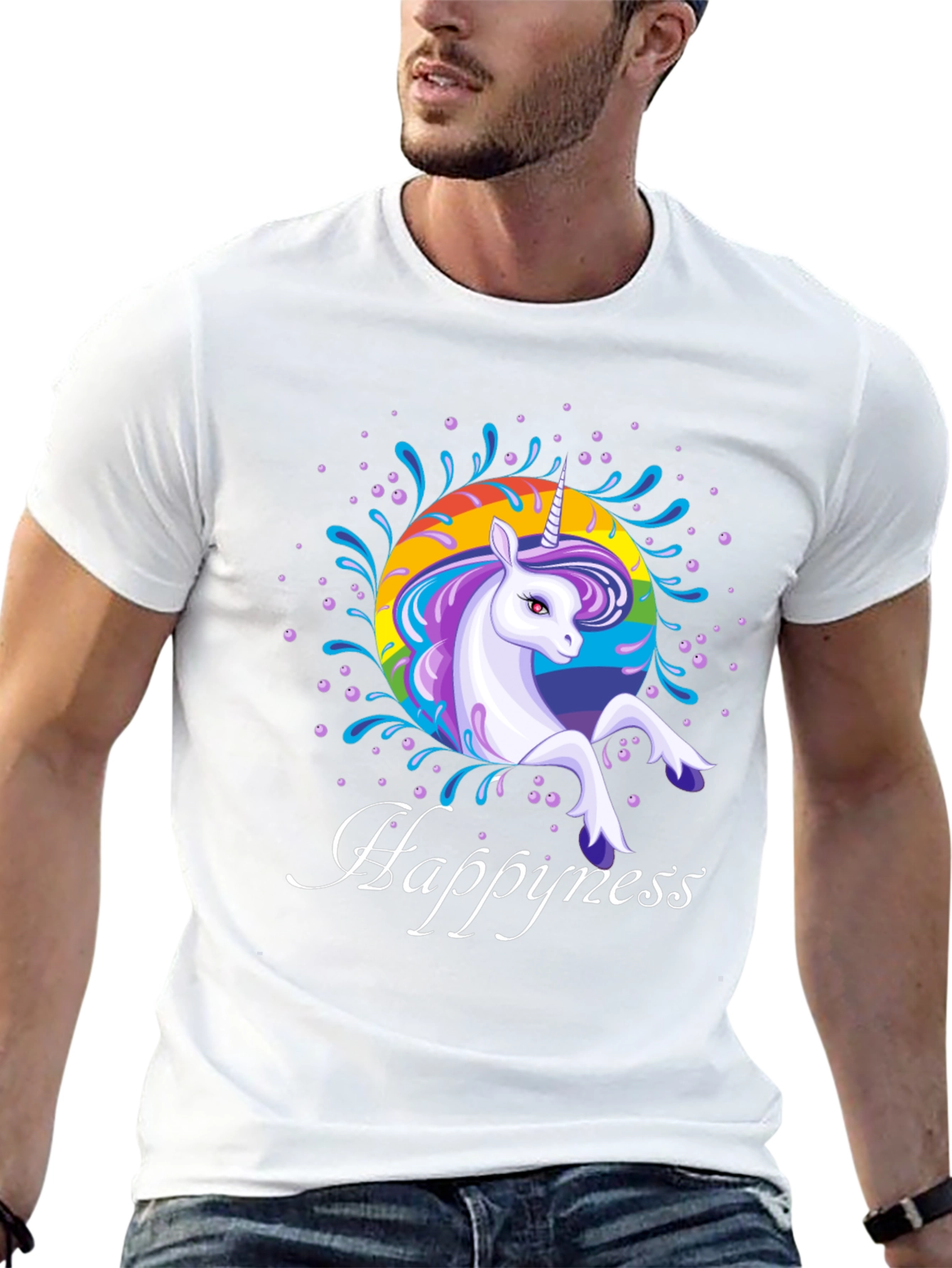 Rainbow Unicorn Happyness Black T-Shirt