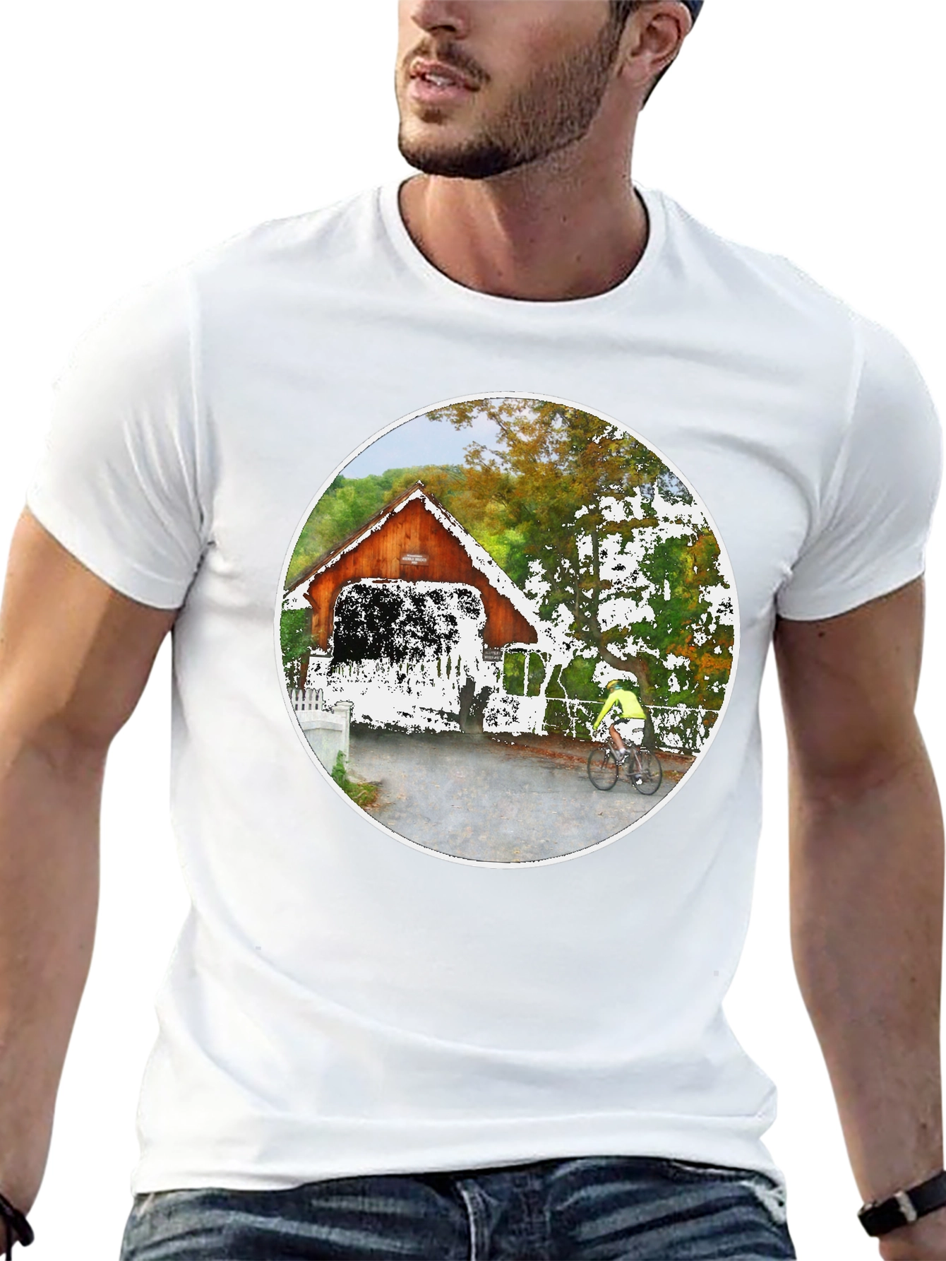 Covered Bridge Bicyclist Graphic T-Shirt