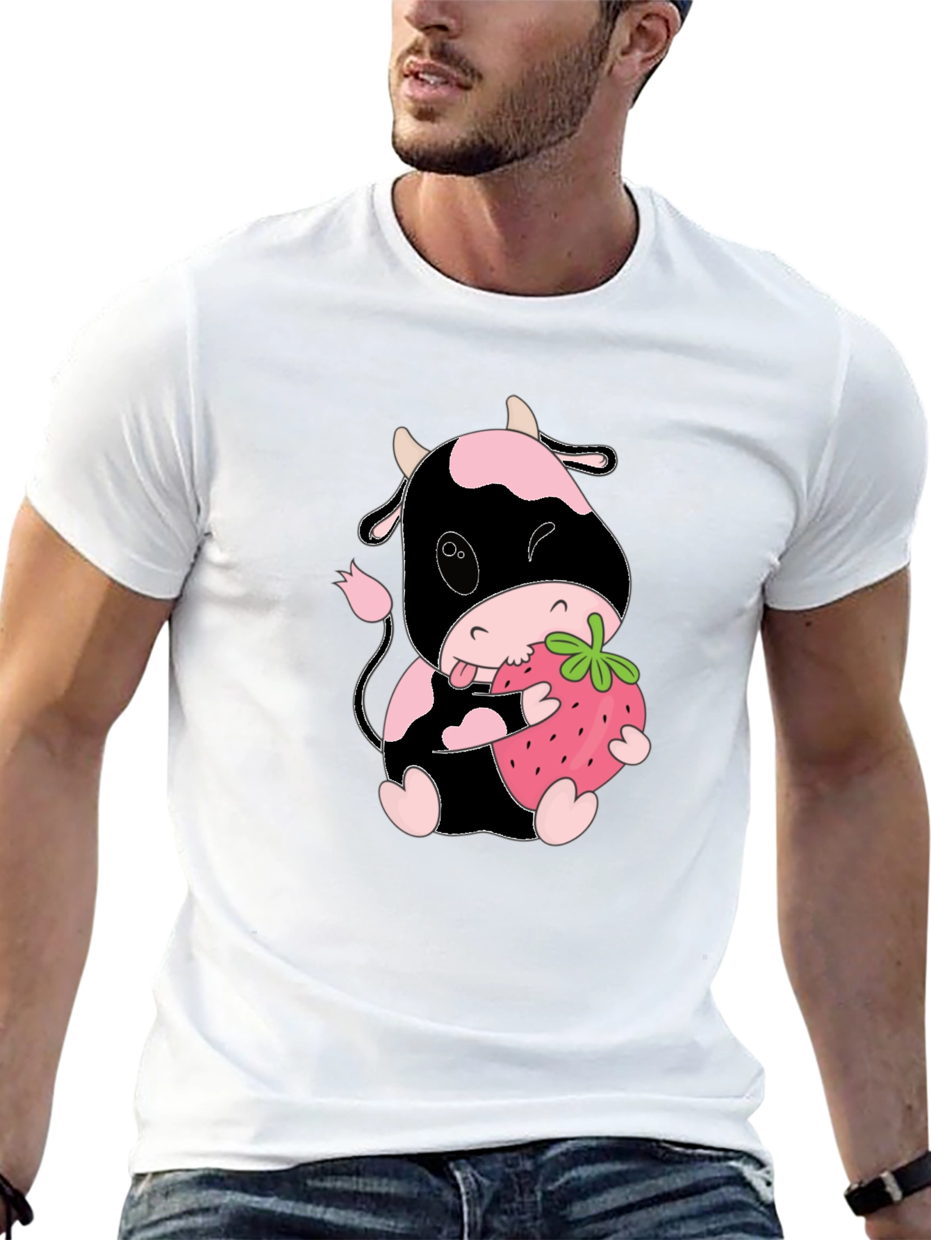 Cute Cow Eating Strawberry Black T-Shirt