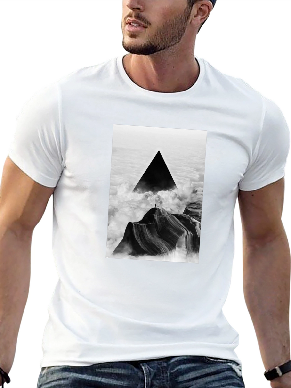 Black T-Shirt with Abstract Triangle Mountain Design