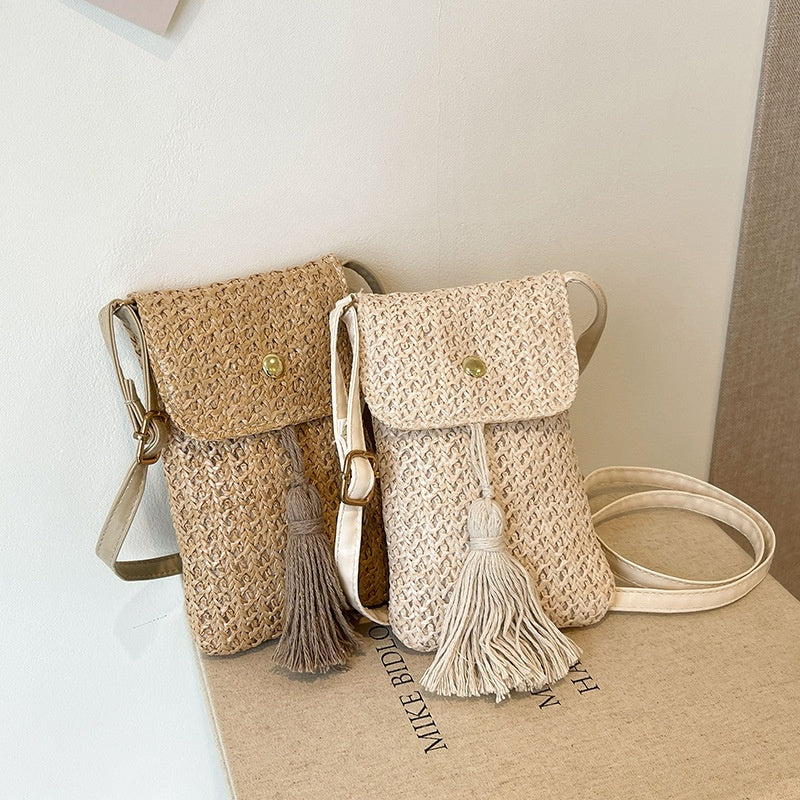 2024 Trendy Summer Crossbody Woven Tassel Phone Bag for Women