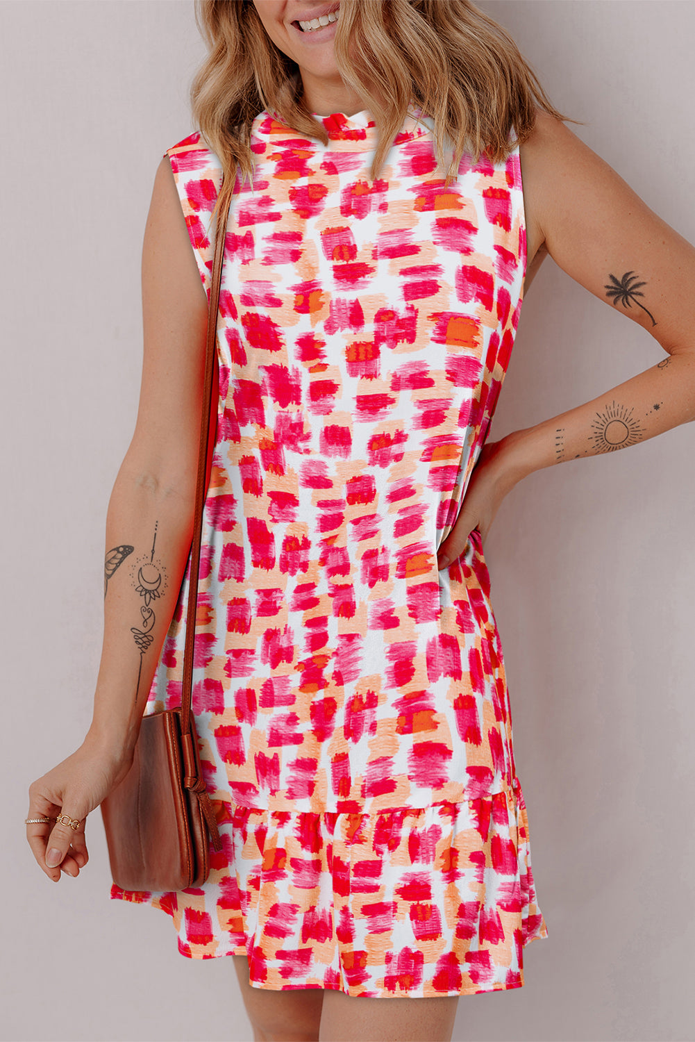 Pink Abstract Print Frilly Neck Sleeveless Mini Dress